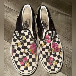 Vans Black and White Floral Check Slip-Ons